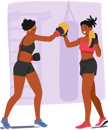 Female Receiving Personalized Guidance And Support From Personal Coach During Boxing Training  イラスト