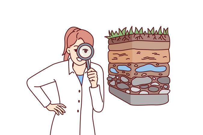 Female scientist examining soil layers  イラスト