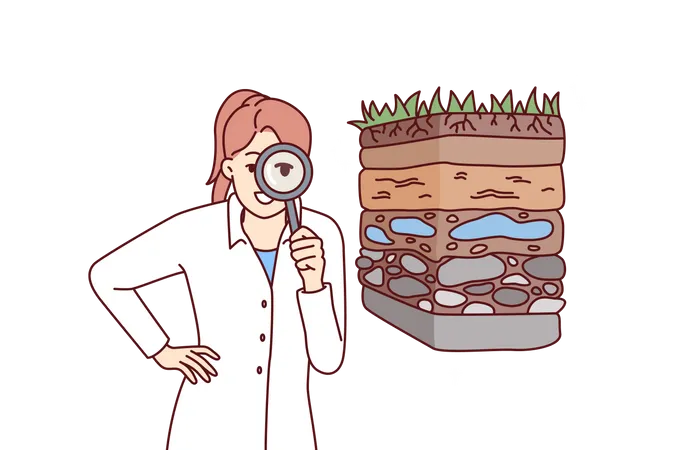 Female scientist examining soil layers  イラスト