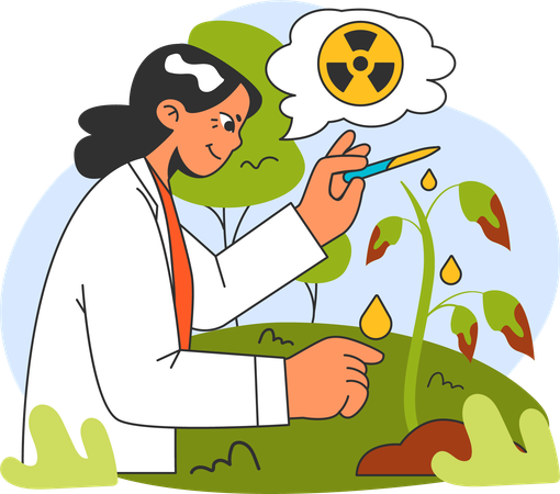 Female Scientist investigates plant affected by radiation hazard substance  Illustration