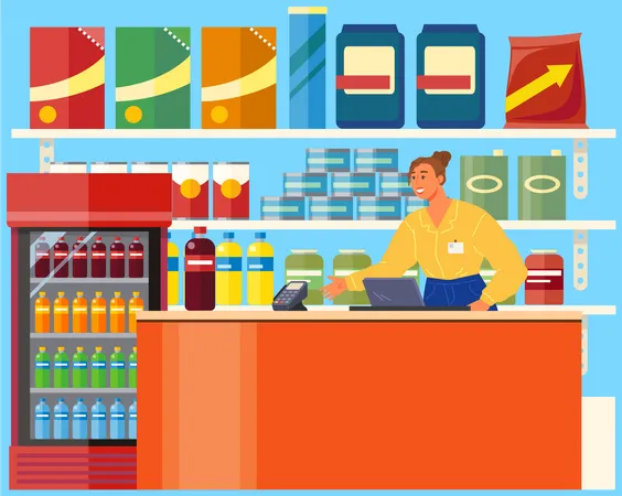 Female seller with pos terminal in supermarket  Illustration