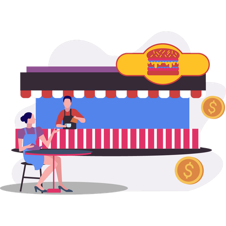 Female sitting at  burger stall  Illustration