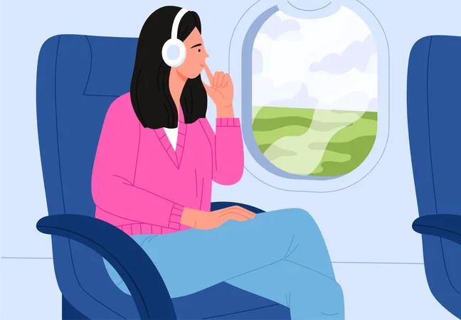 Female sitting in plane at window seat  일러스트레이션