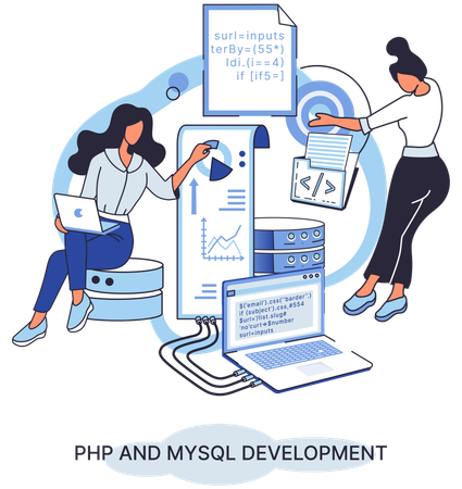 PHP と MySql 開発に取り組む女性チーム  イラスト