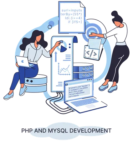 PHP と MySql 開発に取り組む女性チーム  イラスト