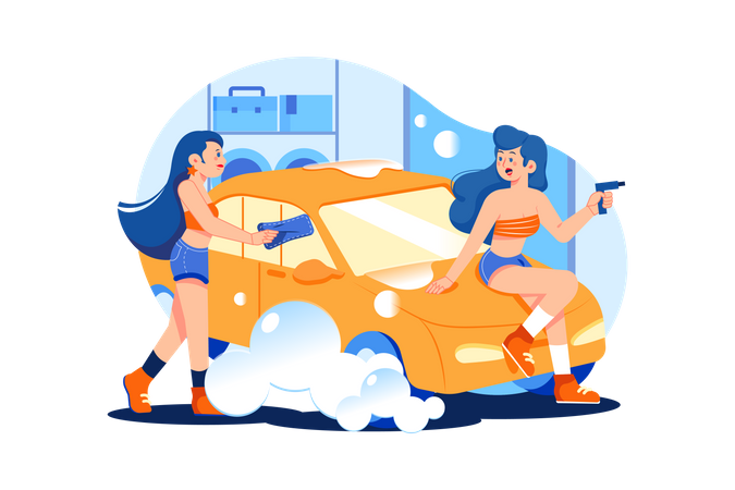 Female worker cleaning car  Illustration