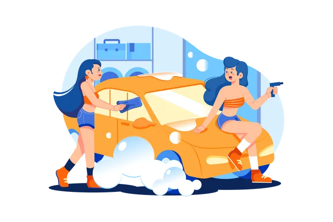 Female worker cleaning car  Illustration