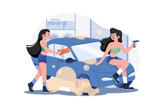 Female worker cleaning car  Illustration