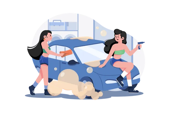 Female worker cleaning car  Illustration