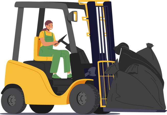 Female Worker Driving Forklift Truck with Garbage Sacks  Illustration