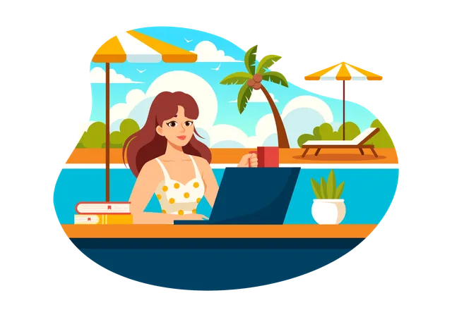 Female Worker Relaxing by the Swimming Pool  Illustration