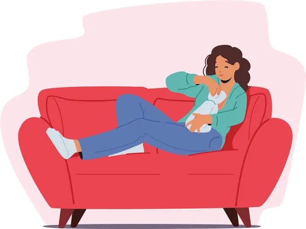 Femme allaitant un bébé avec un sein assis sur un canapé avec un nouveau-né  Illustration