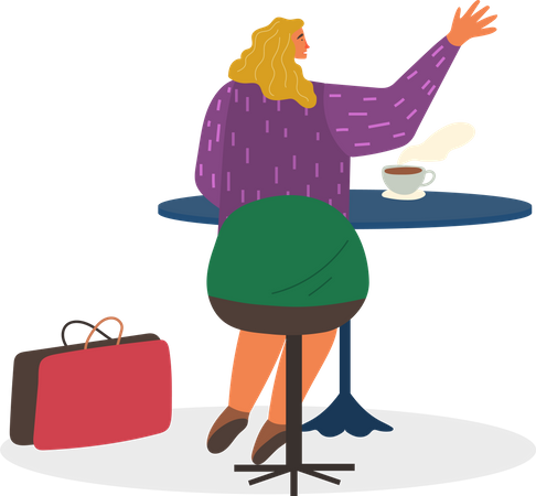 Femme assise dans un café et buvant du café  Illustration