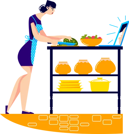 Femme préparant le dîner tout en regardant un tutoriel de cuisine  Illustration