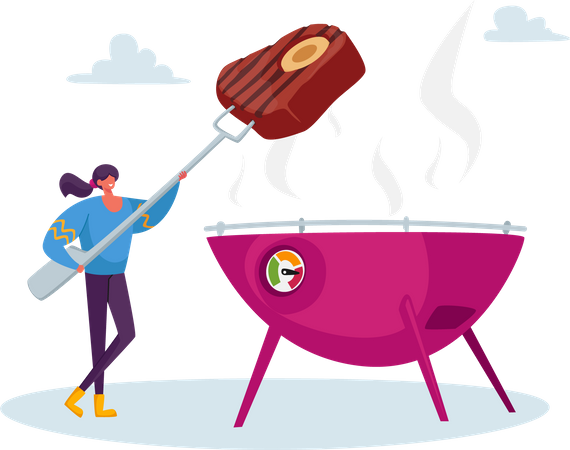 Femme cuisinant un steak sur un barbecue  Illustration