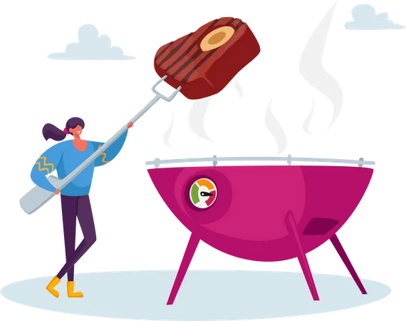 Femme cuisinant un steak sur un barbecue  Illustration