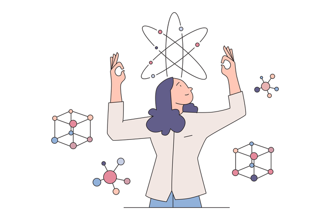 Femme étudiant la structure scientifique des molécules  Illustration