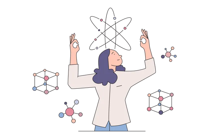 Femme étudiant la structure scientifique des molécules  Illustration