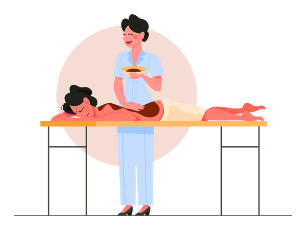 Femme faisant un massage au chocolat pour un client  Illustration