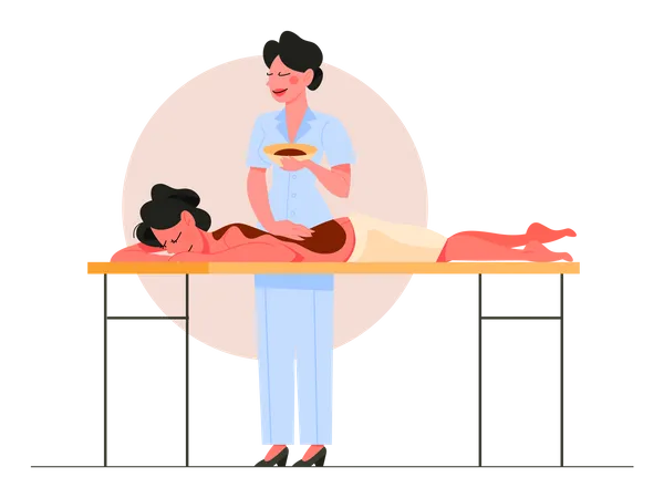 Femme faisant un massage au chocolat pour un client  Illustration