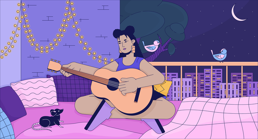 Femme jouant de la guitare sur le balcon la nuit  Illustration