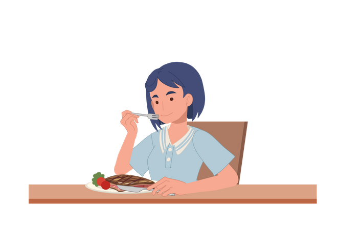 Femme mangeant un steak de boeuf  Illustration