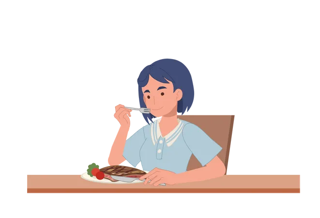 Femme mangeant un steak de boeuf  Illustration