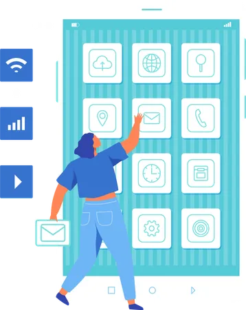 Femme regardant la disposition de l'icône de l'application à l'écran  Illustration