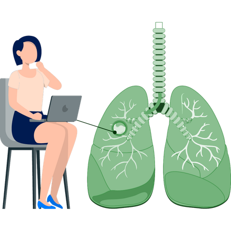 Femme travaillant sur la recherche sur le cancer du poumon à l'aide d'un ordinateur portable  Illustration