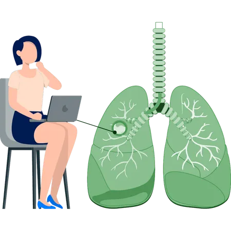 Femme travaillant sur la recherche sur le cancer du poumon à l'aide d'un ordinateur portable  Illustration