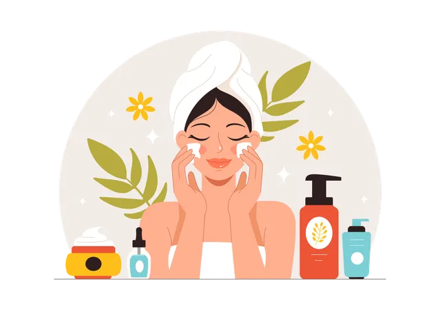 Femme utilisant des cosmétiques sur le visage  Illustration