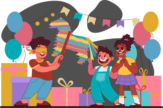 Los niños celebran la fiesta de cumpleaños  Ilustración