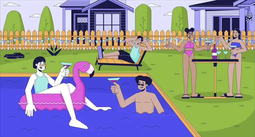 Fiesta en la piscina con amigos  Ilustración