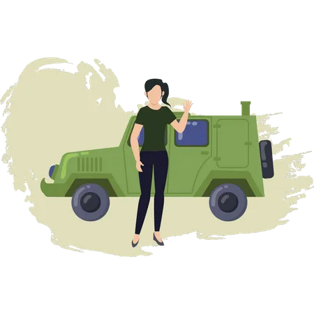 Fille agitant la main et debout près d'une jeep militaire  Illustration