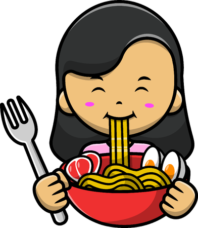 Une fille mange des ramen avec une fourchette  Illustration