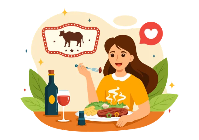 Fille mangeant de la viande  Illustration