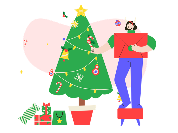 Fille portant un costume de Noël décorant l'arbre de Noël  Illustration