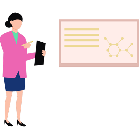 La fille regarde la structure d'une molécule atomique  Illustration