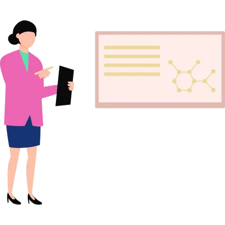 La fille regarde la structure d'une molécule atomique  Illustration