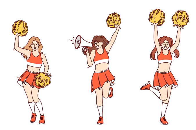 Les pom-pom girls des filles sautent et agitent des pompons dans leurs bras  Illustration