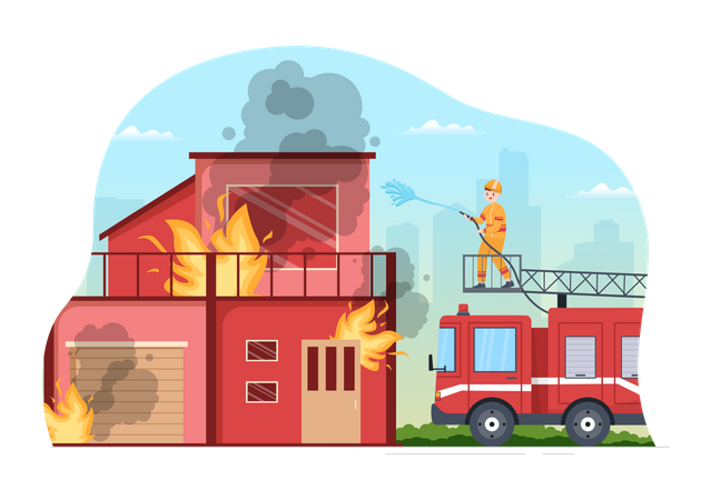 Fire Department with Firefighters Extinguishing House  Illustration