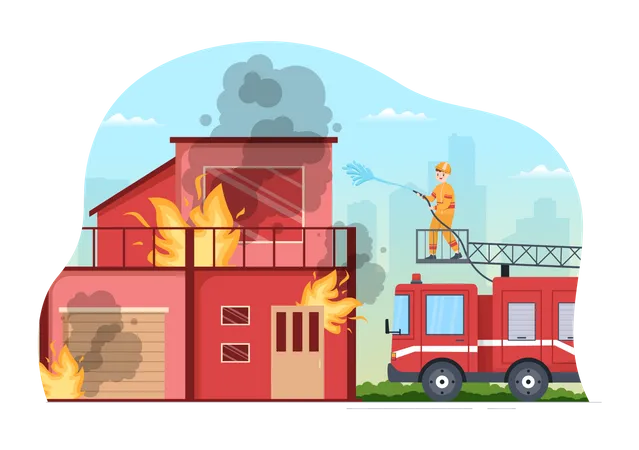 Fire Department with Firefighters Extinguishing House  Illustration