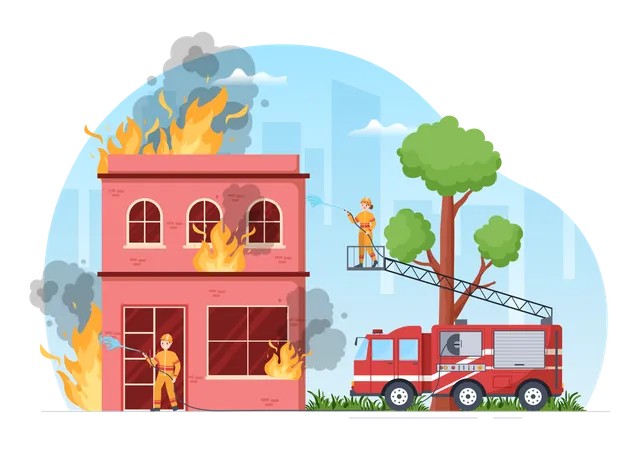 Fire Firefighters Extinguishing house on fire  Illustration