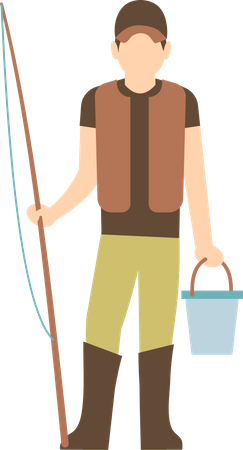 Fisherman holding fishing rob and bucket  イラスト