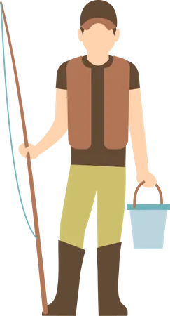 Fisherman holding fishing rob and bucket  イラスト