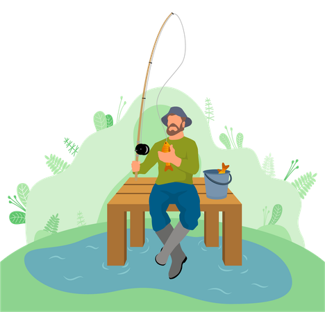 Fisherman sitting near pond for fishing  Illustration