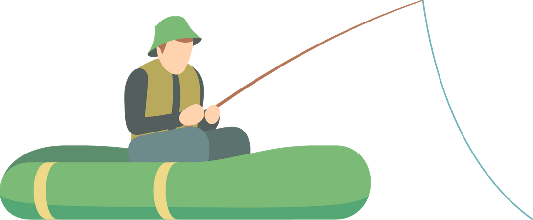 Fishing man fishing while sitting on rubber boat  イラスト