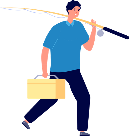 Fishing man holding fishing rob and fishing bag  イラスト