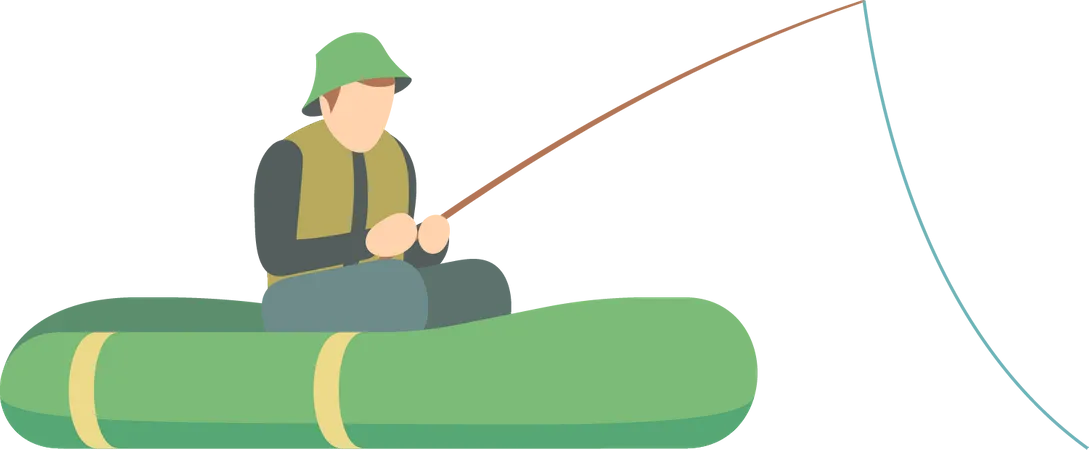 Fishing man fishing while sitting on rubber boat  Illustration