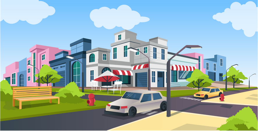 Flat isometric vector illustration, road and car, city street with Park bench landscape  일러스트레이션